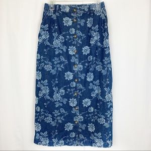 VTG Floral Denim Maxi Skirt Pockets